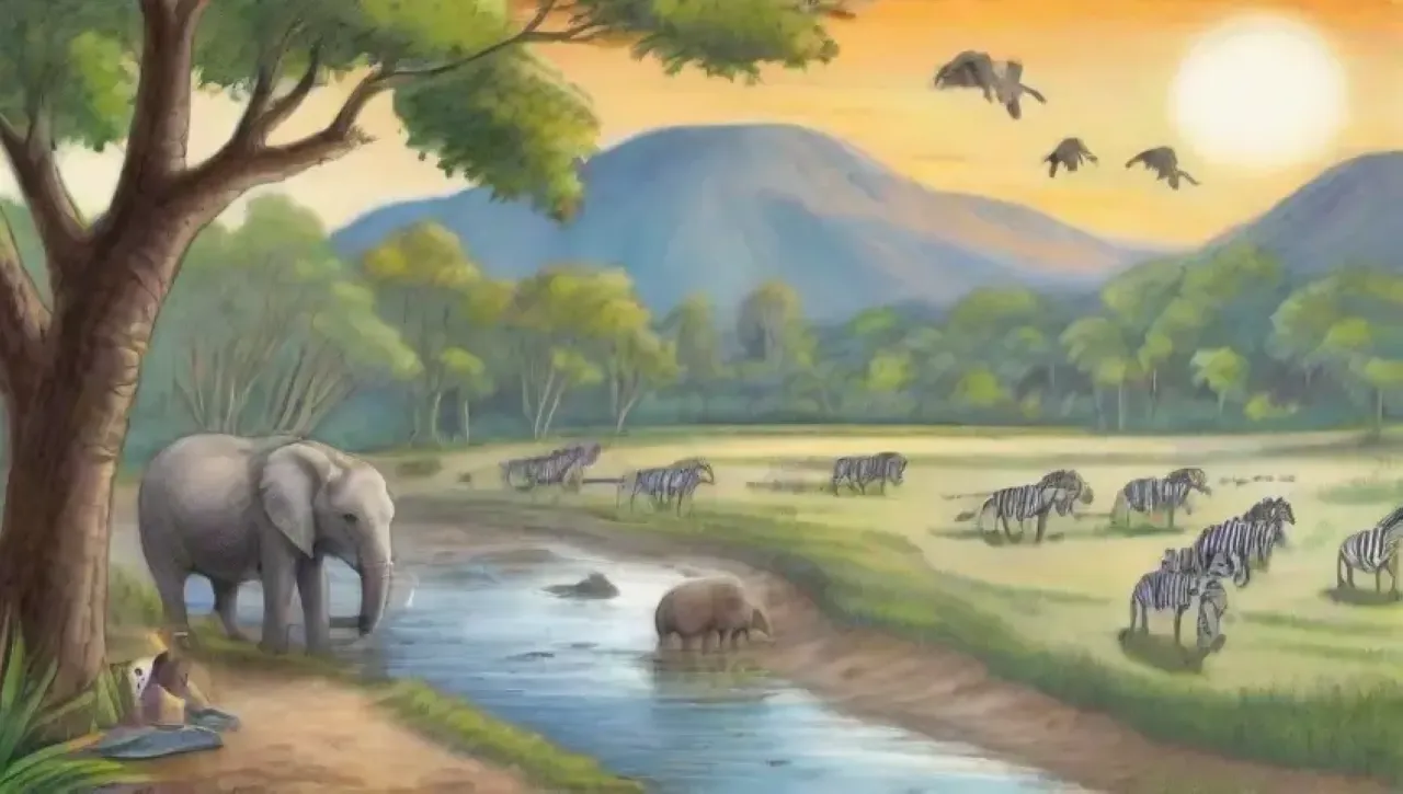 Una escena vibrante de selva con un elefante, un loro, cebras, un guía y turistas disfrutando de la naturaleza