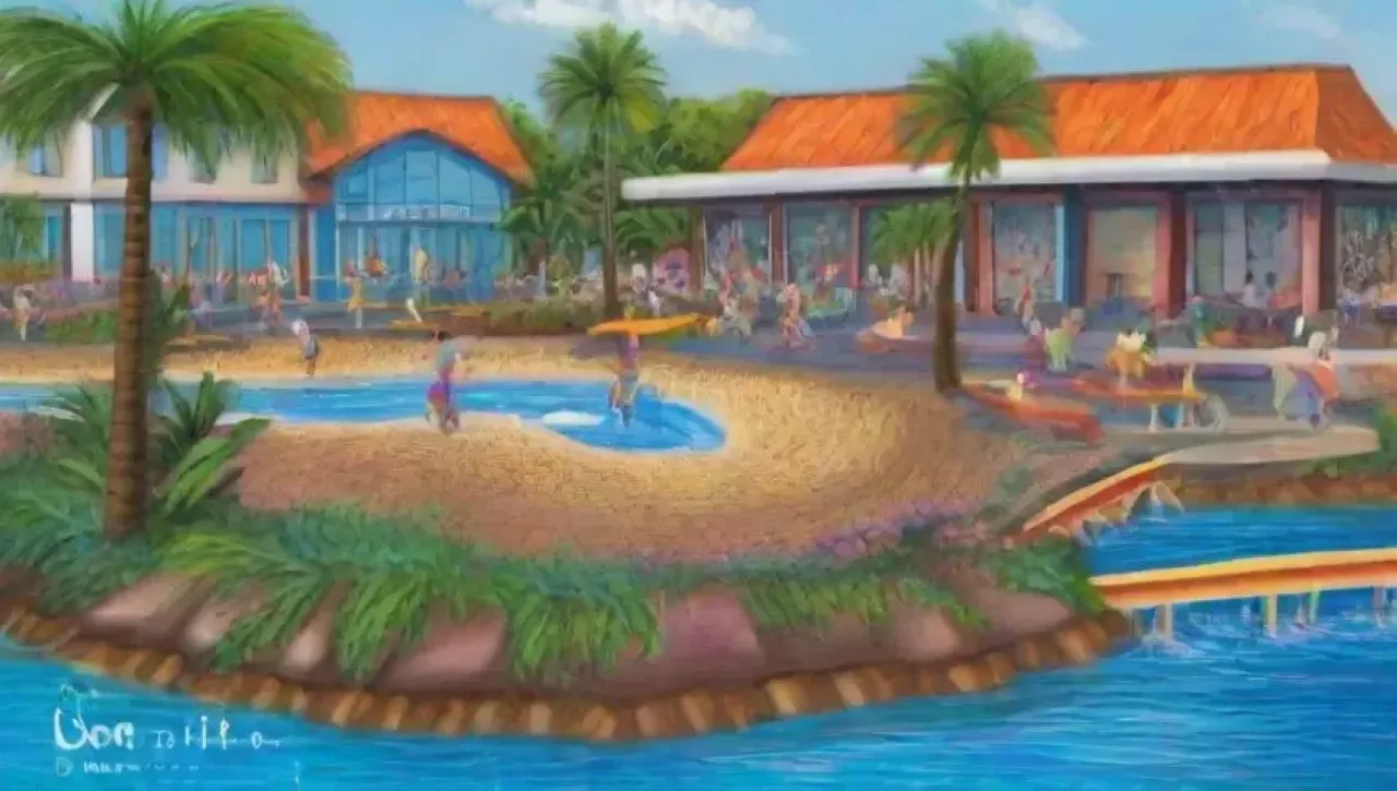 Un paraíso tropical con olas, palmeras, vida marina y familias disfrutando del ambiente