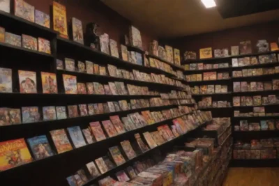 Una muestra de memorabilia de películas y mercancías dentro de una vibrante tienda temática de películas.