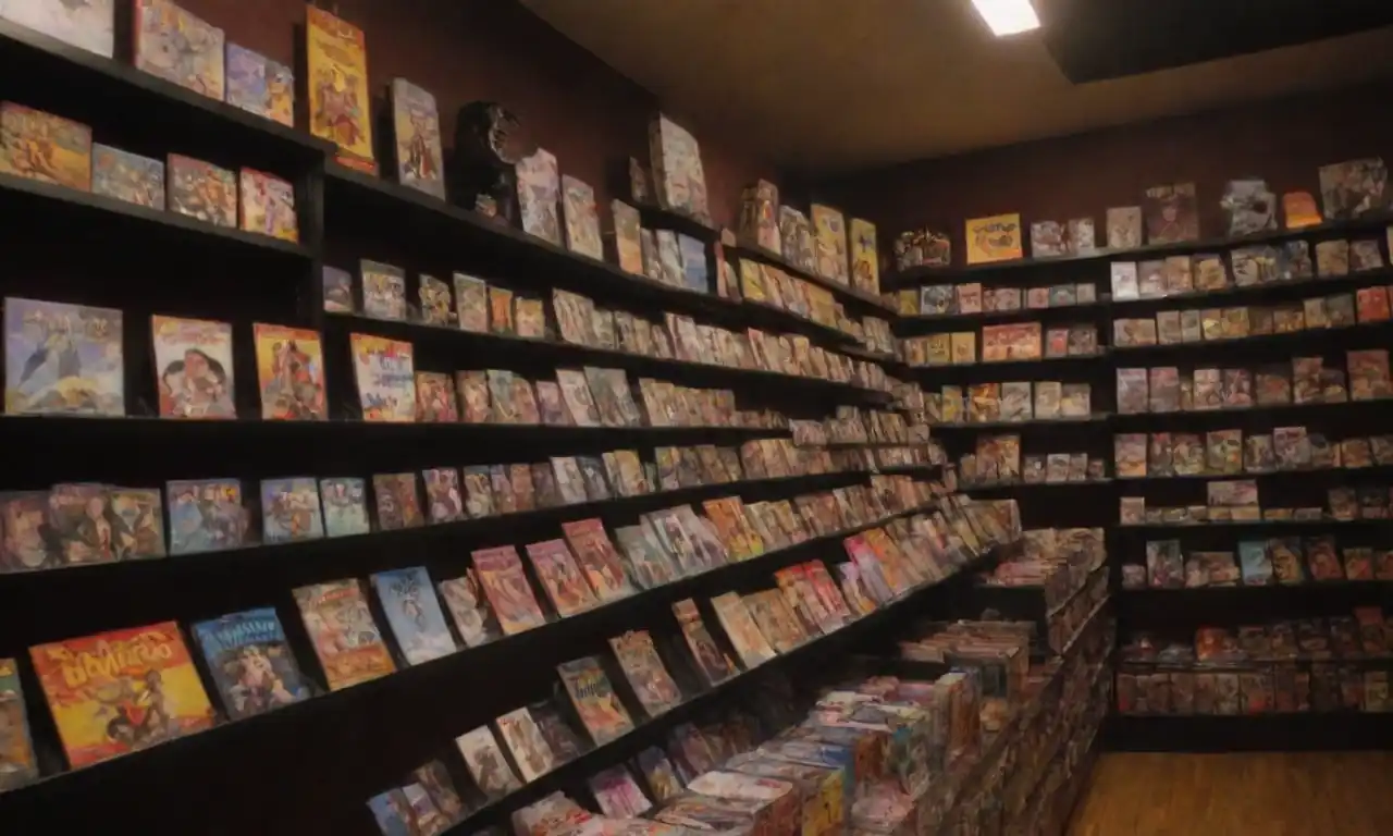 Una muestra de memorabilia de películas y mercancías dentro de una vibrante tienda temática de películas.