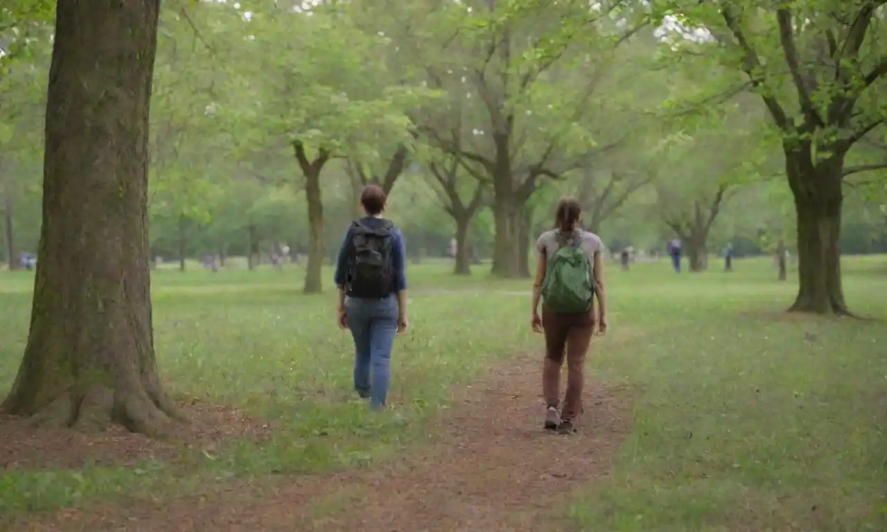Personas que disfrutan de actividades al aire libre como senderismo y plantando árboles en un parque verde.