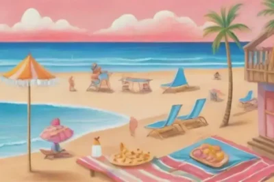 Una escena playera vibrante con arena dorada