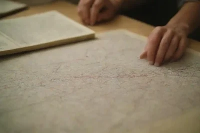 Guía de trabajo museo en su escritorio con un mapa y material informativo sobre exposiciones.