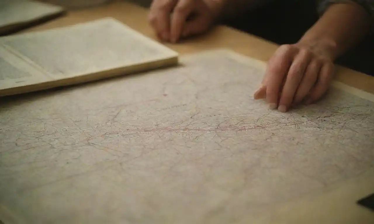 Guía de trabajo museo en su escritorio con un mapa y material informativo sobre exposiciones.
