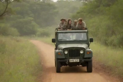 Los turistas que observan la vida silvestre de un jeep safari en medio de una vegetación exuberante.