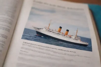 Imagen de un barco de crucero con un documento de políticas de cancelación en primer plano.
