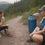Hikers bebiendo agua de botellas reutilizables mientras descansa en un sendero escénico.