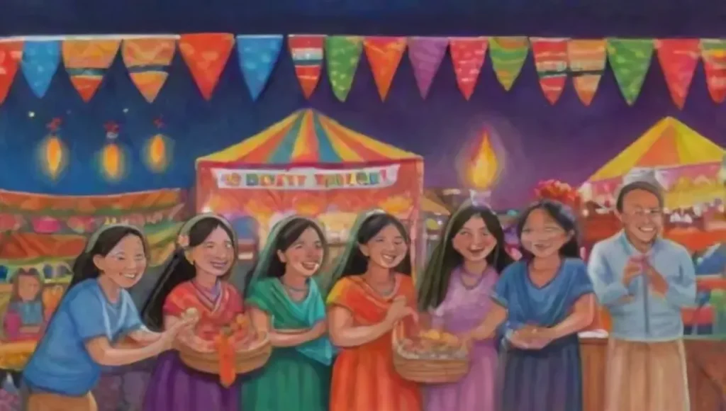 Un bullicioso mercado festivo lleno de colores
