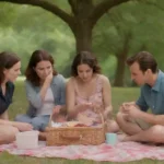 Familia llenando un picnic y planeando su ruta a un parque bullicioso.