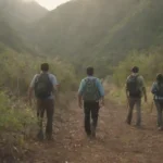 Grupo de personas explorando un sendero natural con información sobre conservación ambiental.