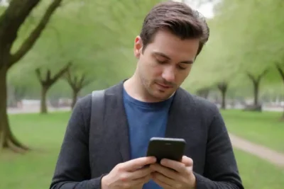Un reglamento del parque de lectura de viajeros en un smartphone en un entorno pintoresco de parques extranjeros.