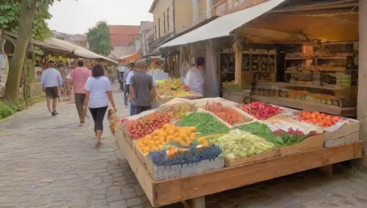 Un mercado vibrante lleno de frutas, quesos artesanales, hierbas frescas y productos locales en un encantador pueblo