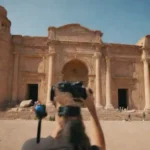 Un fotógrafo que captura un emblemático hito histórico rodeado de diversos elementos culturales.