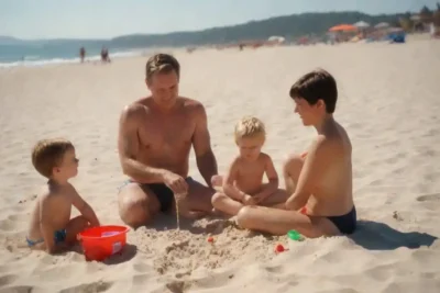 Una familia disfrutando de un día soleado de playa con actividades como natación