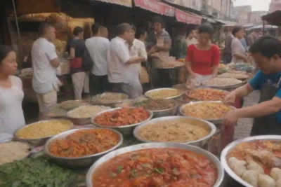 Una vibrante escena del mercado callejero con gente disfrutando de platos locales tradicionales a precios asequibles.