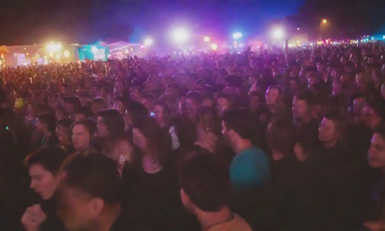 Crowd disfrutando de música en vivo y luces coloridas en un festival emocionante.