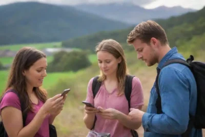Viajeros usando smartphones para compartir experiencias y conectarse con otros sobre destinos escénicos.