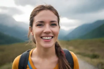 Persona explorando un paisaje impresionante con una brújula y una sonrisa.