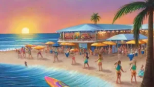 Escena vibrante de playa con arena dorada