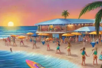 Escena vibrante de playa con arena dorada