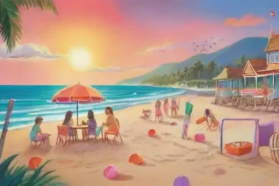 Una escena playera vibrante con familias