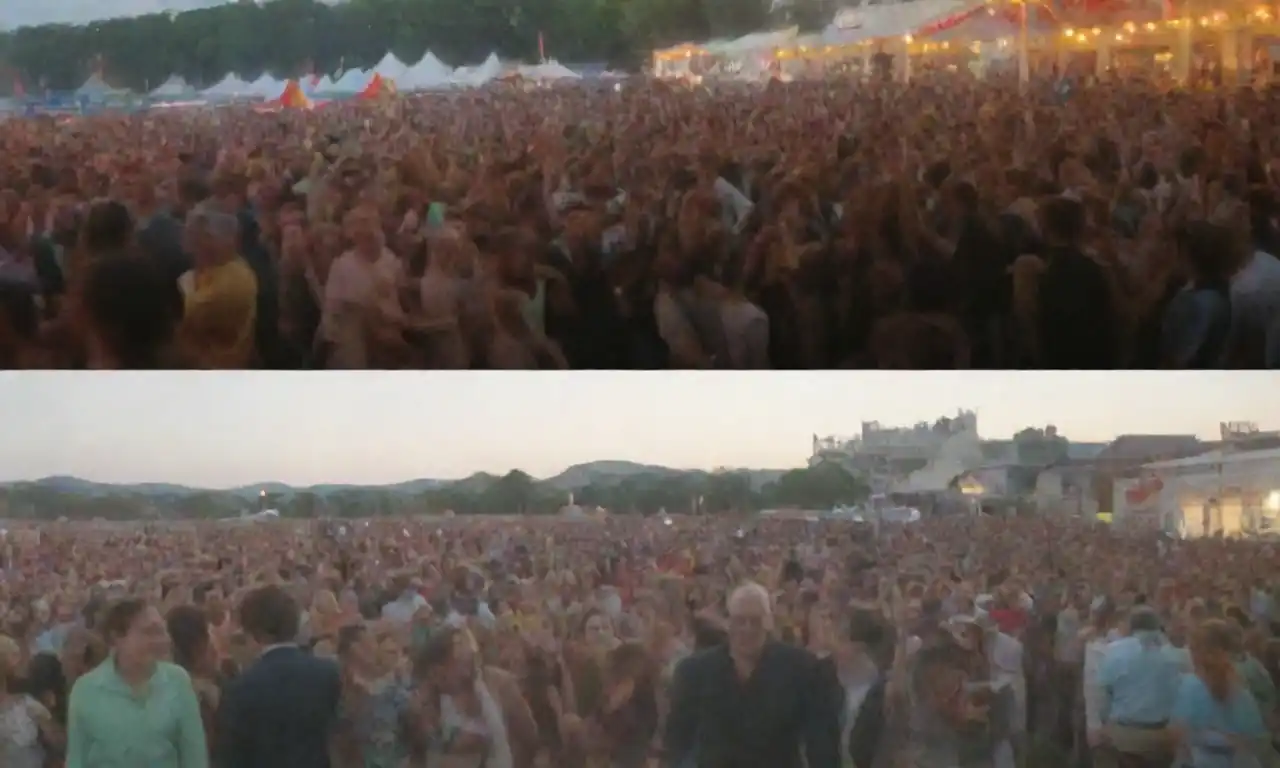 Una imagen dividida que muestra un festival animado con multitudes y actuaciones en un lado
