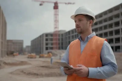 Arquitectos utilizando herramientas digitales y modelos virtuales en sitios de construcción.
