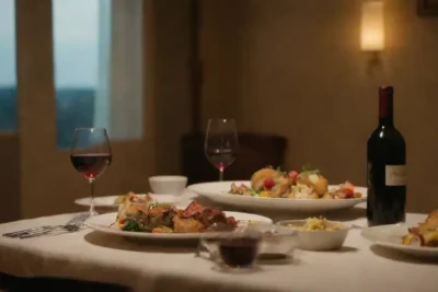 Elegante mesa de comedor con varios platos deliciosos y pares de vino mostrados.