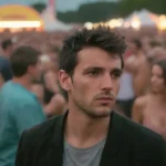Persona seleccionando canciones en un dispositivo con un fondo de festival vibrante.