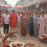 Persona que interactúa con los locales mientras observa las costumbres tradicionales en un entorno cultural vibrante.