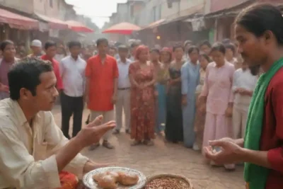 Persona que interactúa con los locales mientras observa las costumbres tradicionales en un entorno cultural vibrante.
