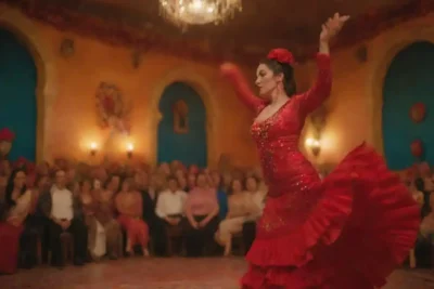 Una vibrante bailarina flamenca en un colorido entorno sevillano