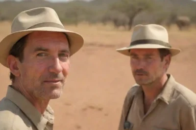 Turista interactuando con nativos y disfrutando de costumbres locales en un entorno de safari.