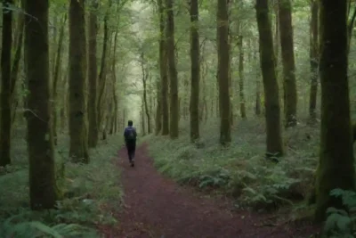 Person senderismo a través de un bosque verde y exuberante con aves y vida silvestre.