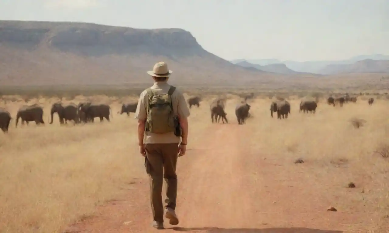 Al contrario de las imágenes de un grupo de visitas guiadas y un viajero en solitario que explora un paisaje safari.