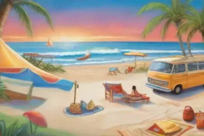 Escena playera vibrante con sol