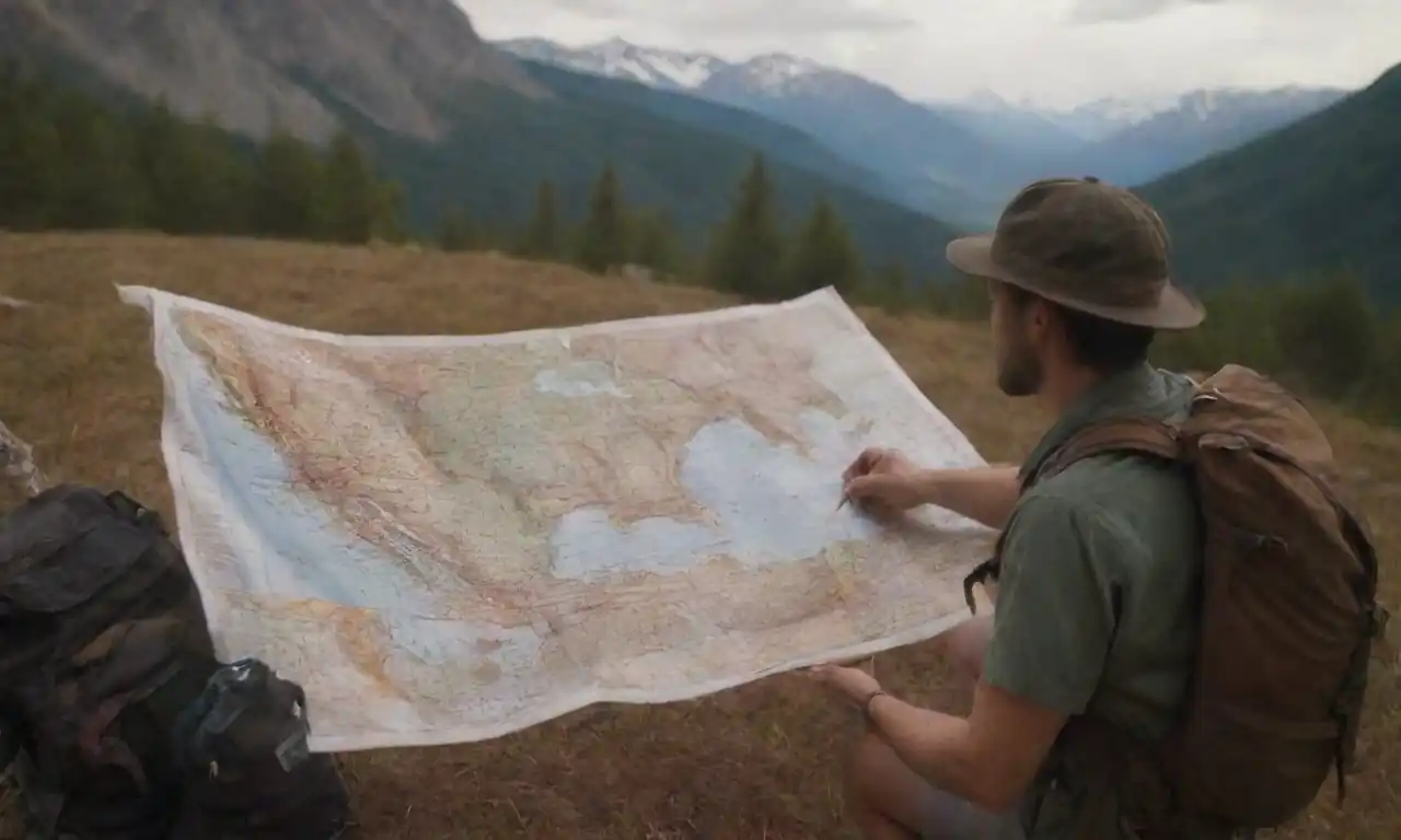 Un viajero examinando un mapa detallado rodeado de paisajes pintorescos y aparejos de aventura.