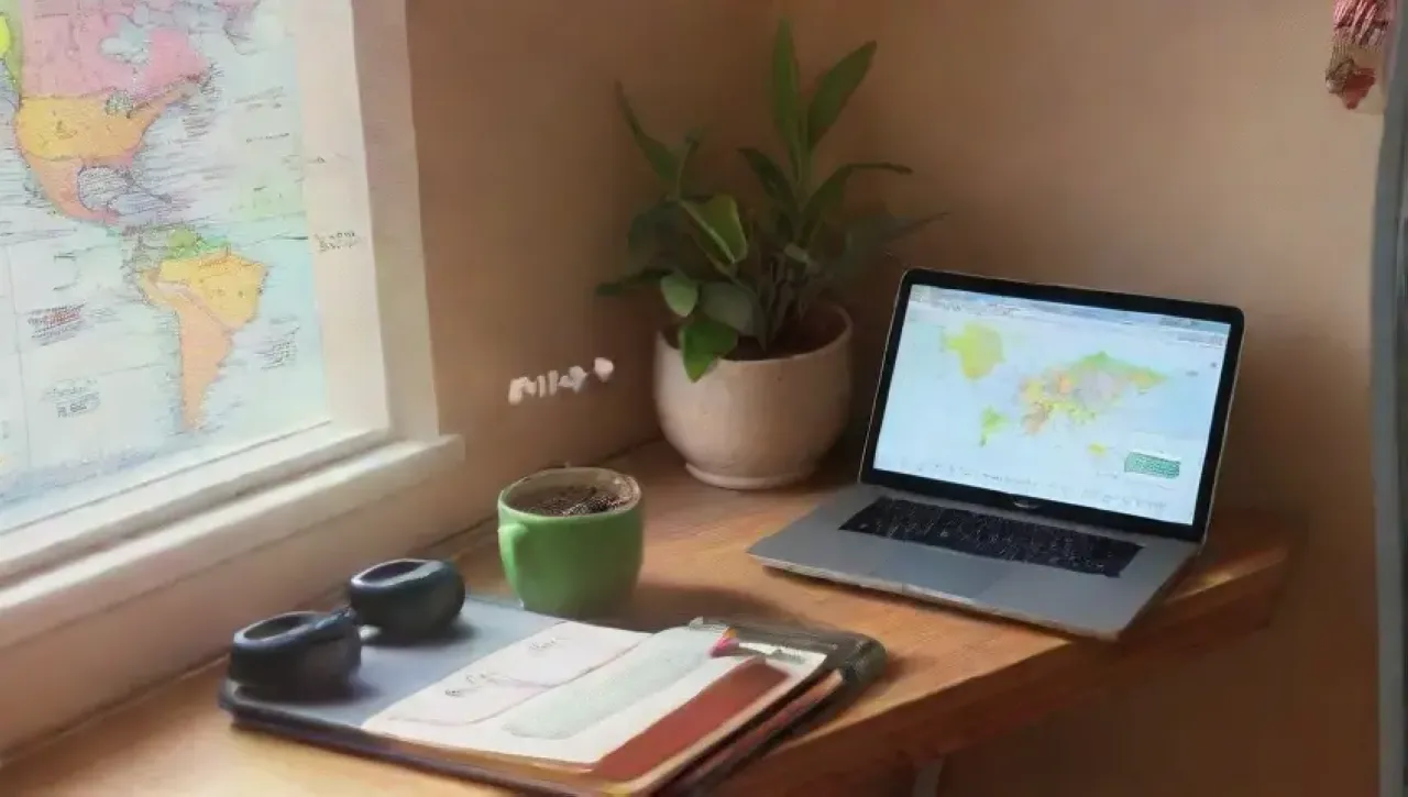 Un vibrante fondo digital muestra un escritorio con un laptop, notas coloridas, un mapa, un smartphone, café, un globo, una silla acogedora y luz solar