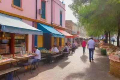 Un bullicioso mercado urbano lleno de colores