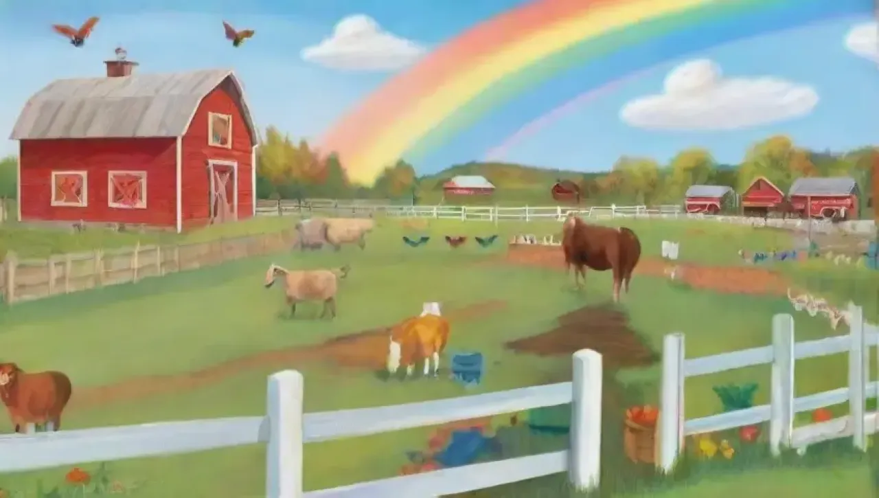 Una granja vibrante con animales, niños jugando y un paisaje colorido