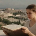 Un estudiante que estudia textos griegos antiguos con imágenes de lugares de Atenas en el fondo.