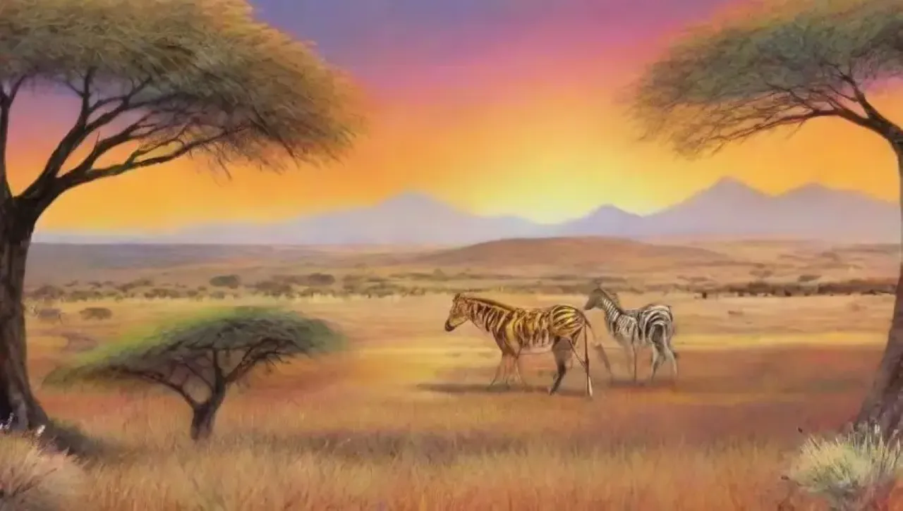 Un paisaje vibrante de sabana dorada con fauna diversa y atardeceres espectaculares