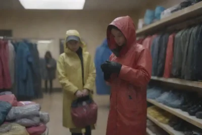 Una persona que selecciona ropa y accesorios resistentes al agua en una tienda con equipo de lluvia.