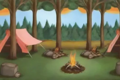 Un campamento sereno en un bosque con naturaleza vibrante y momentos de paz