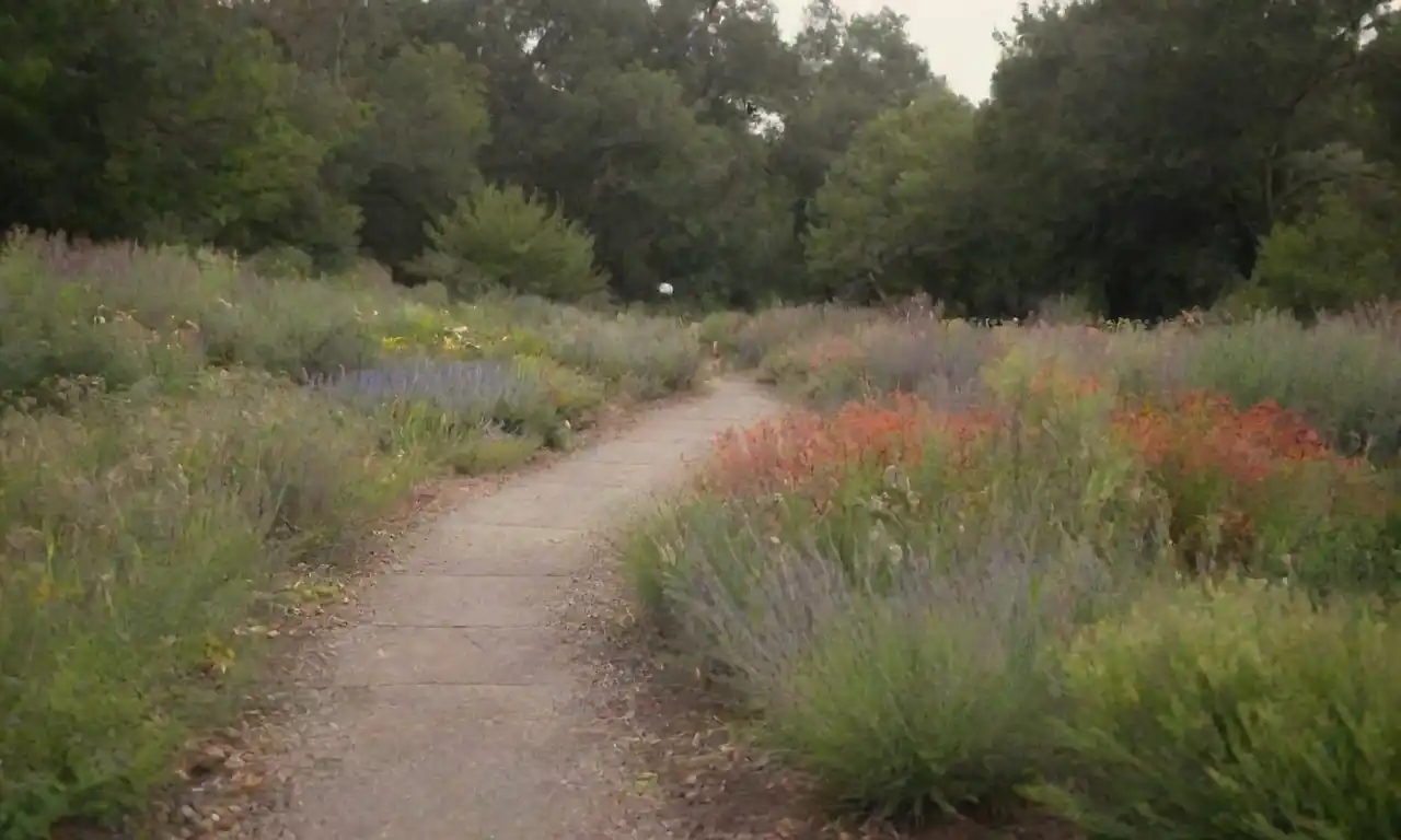 Una escena del parque sereno que muestra diversas plantas nativas con una persona que contempla biodiversidads significado ecológico.