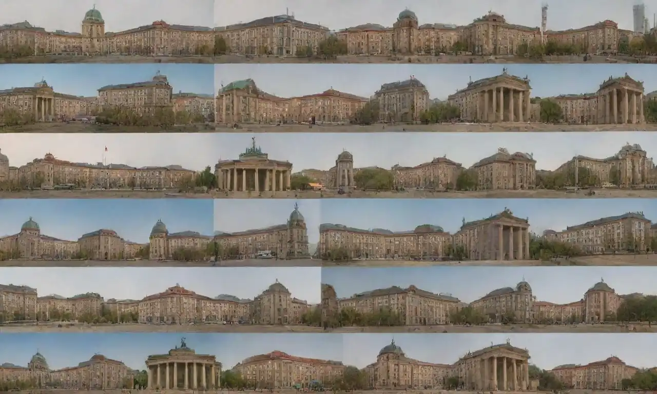 Collage of iconic Berlin landmarks along historical images and texts.