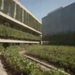 Edificio sostenible con paneles solares y vegetación integración en el diseño.