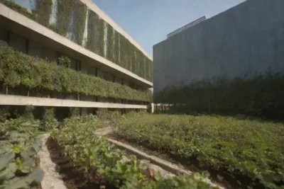 Edificio sostenible con paneles solares y vegetación integración en el diseño.