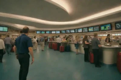 Pasajeros revisando documentos y equipaje en la terminal de cruceros al finalizar el viaje.