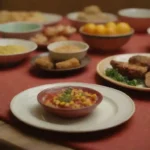 Platos coloridos adornados con diversas especias sobre una mesa tradicional.